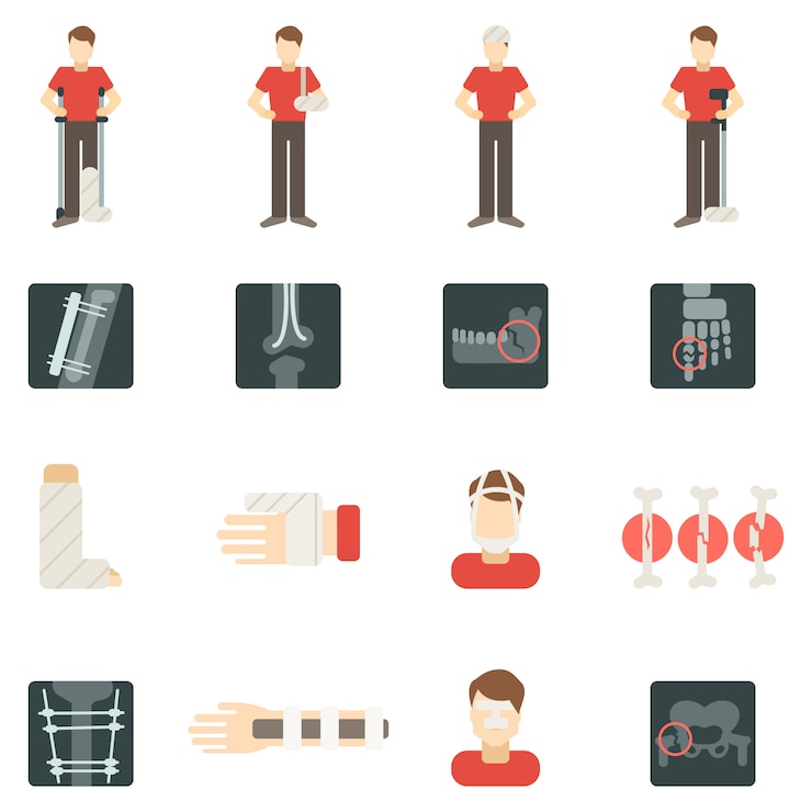 Vector gratuito fractura hueso conjunto de iconos planos