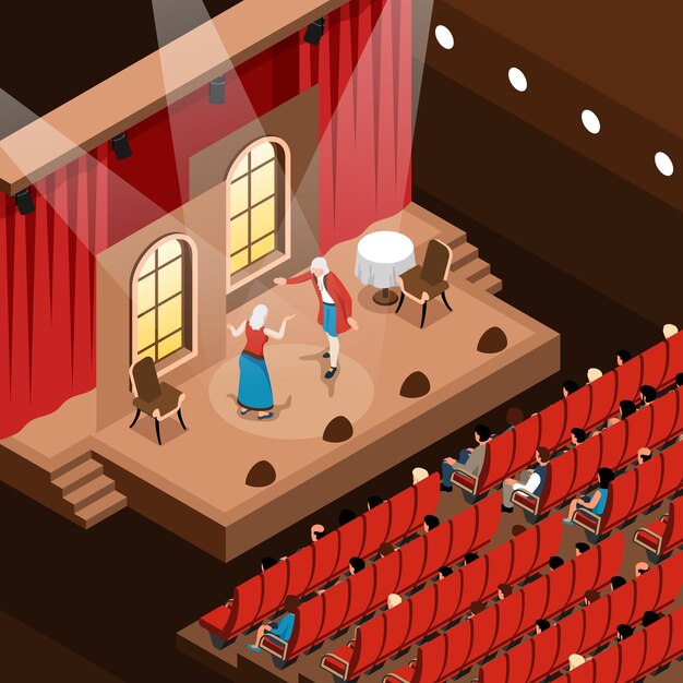 Fragmento isométrico del auditorio de teatro con actores tocando en el escenario e ilustración de vectores de espectadores