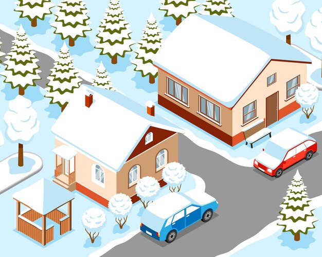 Fragmento isométrico de la ciudad de invierno con casas, autos, abetos y arbustos cubiertos de nieve, ilustración vectorial