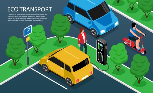 Fragmento isométrico del constructor de la ciudad con ilustración de transporte ecológico