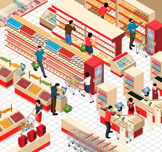 Fragmento isométrico de la sala de comercio del supermercado con estantes llenos de diferentes productos frescos visitantes y cajeros ilustración vectorial
