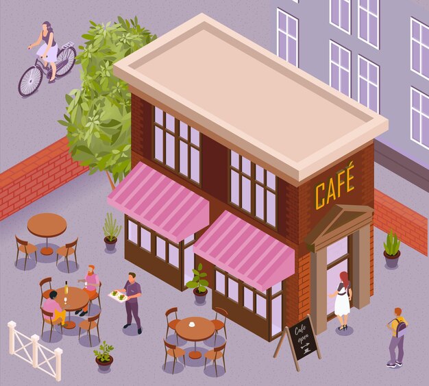 Fragmento del paisaje de la ciudad con edificio de cafetería y mesas al aire libre isométricas