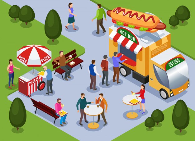 Fragmento del paisaje del parque de la ciudad con carro de pizza de camión de hot dog y gente comiendo al aire libre ilustración vectorial isométrica