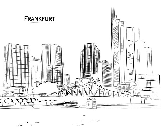 Frankfurt skyline arquitectura línea arte Vector ilustración handdrawing marcos