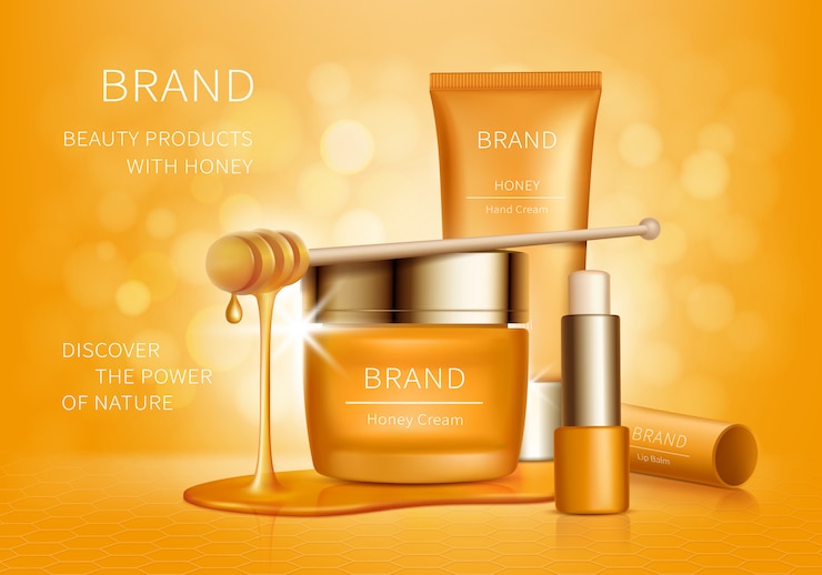Vector gratuito frasco amarillo con crema, tubo de loción y lápiz labial higiénico con gotas de miel, cosméticos orgánicos