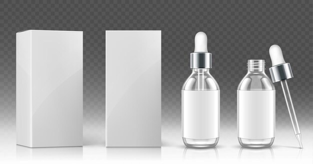 Frasco gotero de vidrio para aceite cosmético o suero y caja blanca en la vista frontal y en ángulo