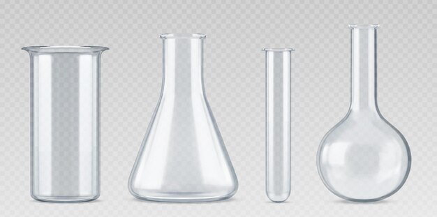 Frasco de prueba de ciencia de vidrio de laboratorio de química 3d Equipo de vaso de laboratorio realista Tubo de cristalería química conjunto de vectores aislados Contenedor de medición de cilindro vacío para experimento médico científico