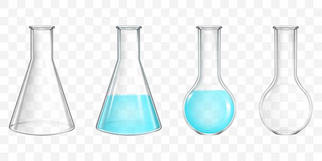 Frascos de laboratorio con vector realista de agua azul