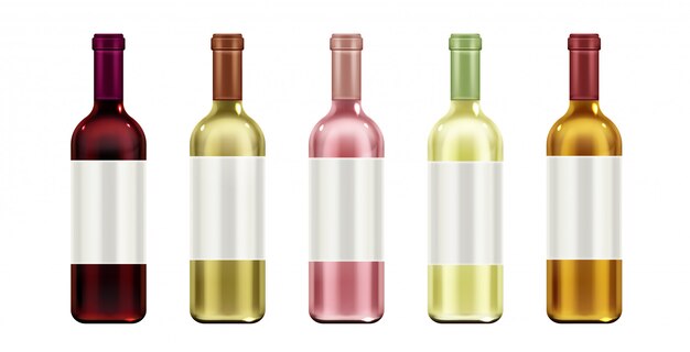 Frascos de vidrio con etiqueta en blanco y corcho para bebidas de vid de alcohol rojo, blanco y rosa