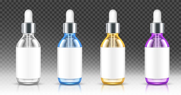 Frascos de vidrio realistas con gotero para suero o aceite.