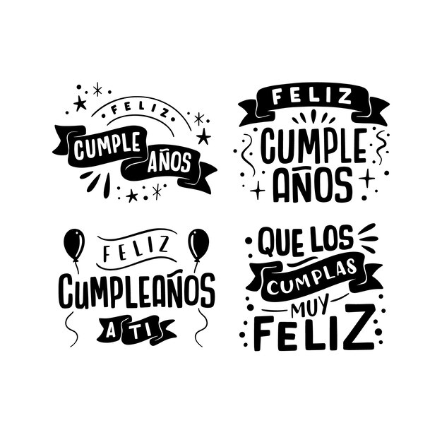 Frases de cumpleaños de letras monocromáticas en la colección de pegatinas españolas