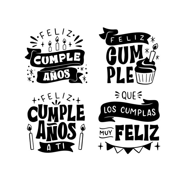 Frases de cumpleaños de letras monocromáticas en la colección de pegatinas españolas