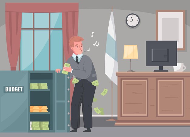 Fraude, corrupción, delito, presupuesto, lavado de dinero, composición de dibujos animados, con funcionario del gobierno que toma billetes de una ilustración segura