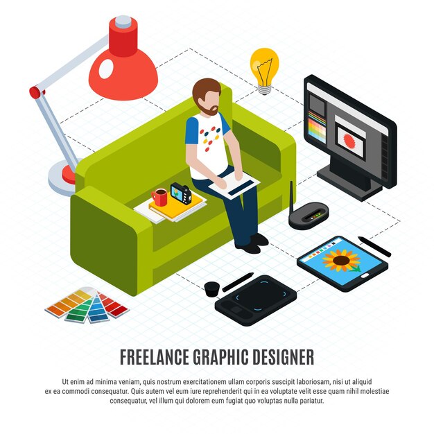 Freelance gráfico su tableta de computadora y otras herramientas en blanco diagrama de flujo isométrico 3d