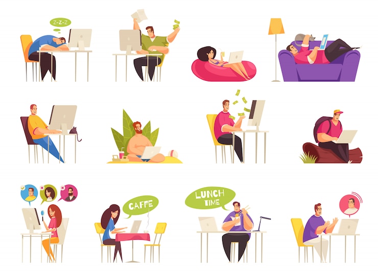 Vector gratuito freelance en el trabajo, flexible, remoto, hogar, viaje, relajante, playa, iconos, grande, conjunto, plano, caricatura