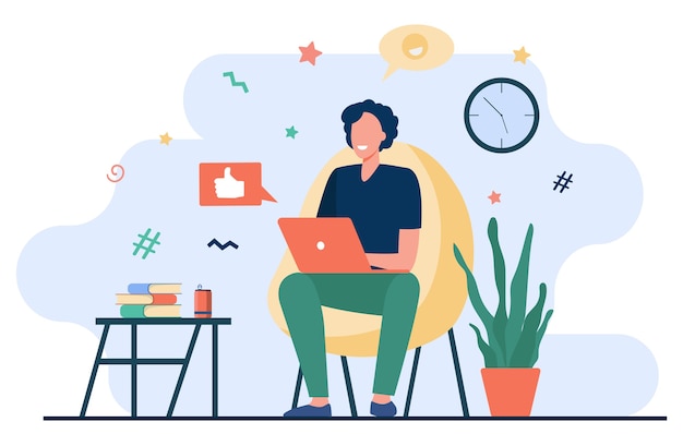 Freelancer feliz con computadora en casa. Joven sentado en un sillón y usando una computadora portátil, charlando en línea y sonriendo. Ilustración vectorial para trabajo a distancia, aprendizaje en línea, autónomo