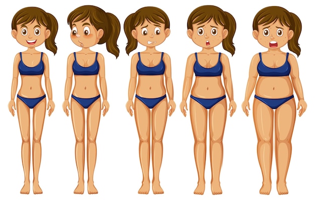 Frente y lado de la transformación del cuerpo de una adolescente