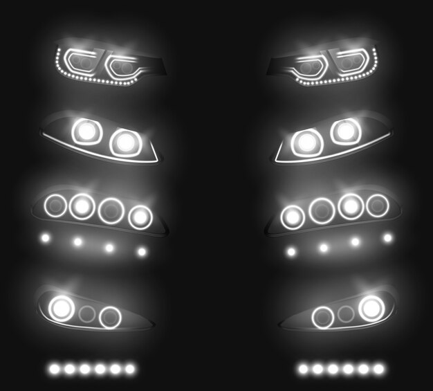 Frente moderno del coche, conjunto realista del vector de los faros traseros. Conmutado y encendido en la oscuridad, luces LED de vehículos, xenón o luces láser aisladas en negro. Equipo de la industria automotriz