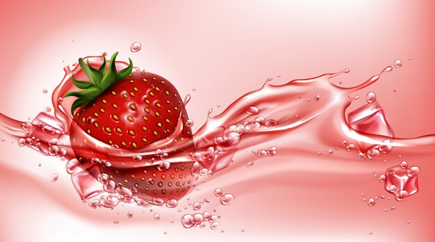 Fresa con jugo que fluye splash, realista