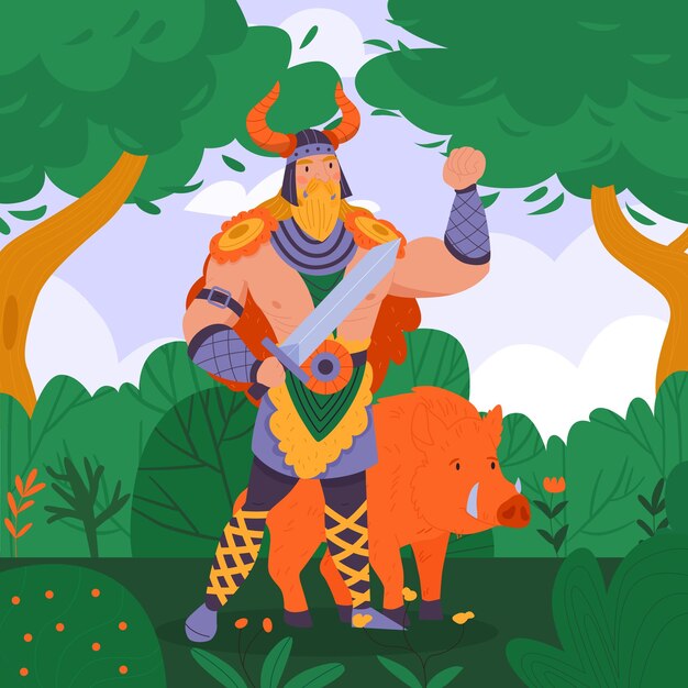 Freyr, dios nórdico de la fertilidad, la paz, la prosperidad y la fuerza masculina. Ilustración vectorial de dibujos animados planos