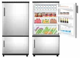 Vector gratuito frigorífico puerta cerrada y abierta con mucha comida