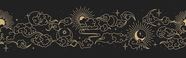 Frontera de vector transparente mágico con lunas, nubes, estrellas y soles. adorno decorativo de oro chino. patrón gráfico para astrología, esotérico, tarot, místico y mágico. Vector Premium 