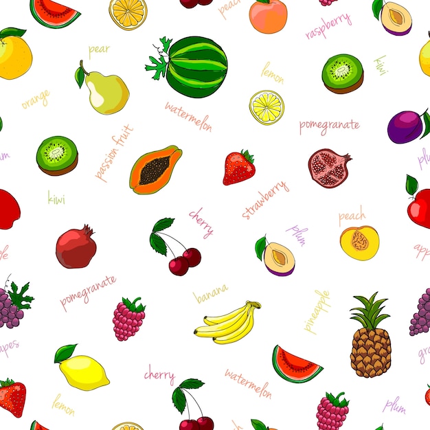 Frutas frescas patrón sin fisuras con pera sandía kiwi y granate ilustración vectorial