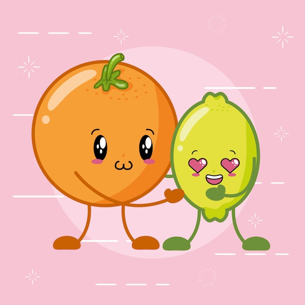 Vector gratuito frutas kawaii cítricas, naranja y limón