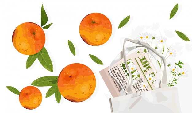 Frutas naranjas con hojas y bolsa ecológica. Publicidad de productos ecológicos reutilizables.