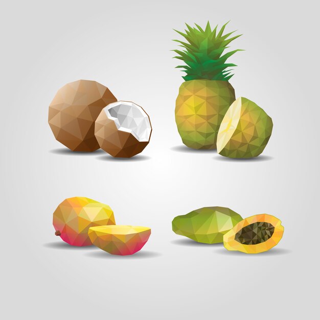 Frutas poligonales geométricas coloridas con coco, piña, mango y maracuyá en gris