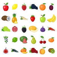 Vector gratis frutas puestas en blanco. frutas como manzana, limón, frambuesa, uva, naranja, ciruela, coco, piña, grosella blanca, fresa, plátano, granada, mora, melón, higo, lima, pera, cereza, kiwi.