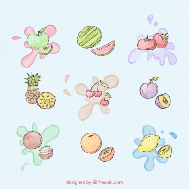 Frutas de verano dibujadas a mano con salpicaduras de acuarela