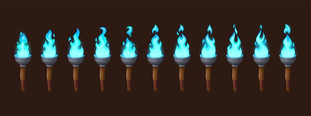 Vector gratuito fuego ardiente en sprite de animación de antorcha vieja