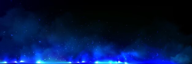 Fuego azul realista y humo sobre fondo negro Ilustración vectorial de llama de neón abstracta quema niebla con partículas de zafiro sustancia venenosa brillante en efecto de hechizo de brujería aérea