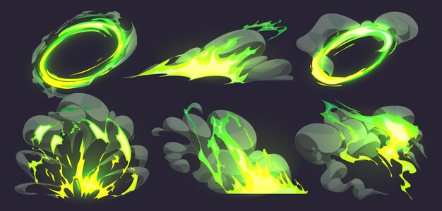 Fuego cómico verde tóxico con efecto de humo conjunto de ilustración de dibujos animados Bomba o energía explotar con llama de nube después de hechizo de mago icono de vfx Explosión de auge vórtice paquete de imágenes prediseñadas Colección de resplandor de fantasía