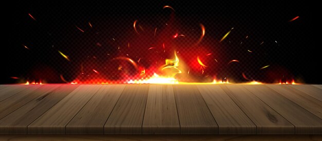 Fuego realista en el fondo de la mesa de madera de la cocina