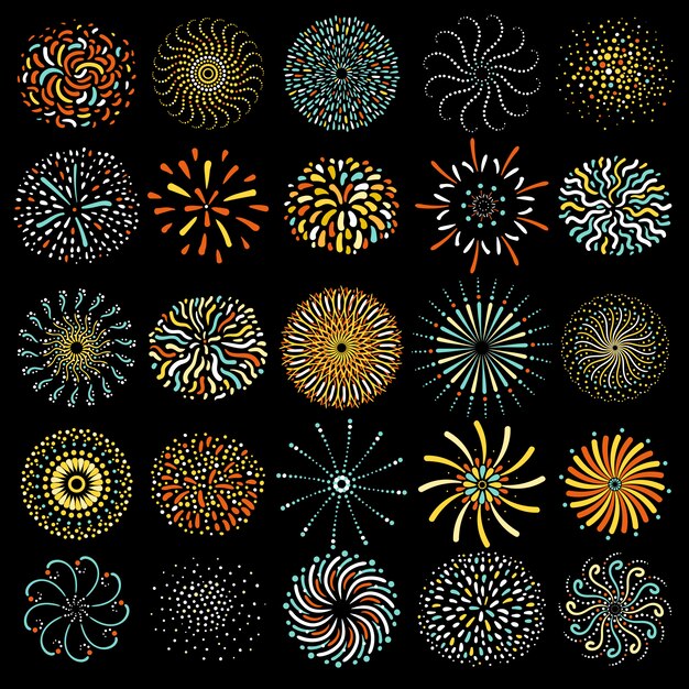 Fuegos artificiales festivos colección de iconos redondos