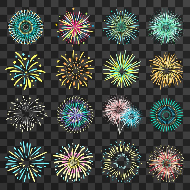 Vector gratuito fuegos artificiales festivos sobre fondo oscuro transparente