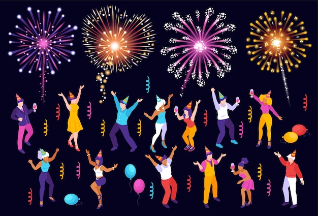 Fuegos artificiales isométricos que celebran el conjunto festivo de personas aisladas del partido con rayas serpentinas y coloridos fuegos artificiales ilustración vectorial