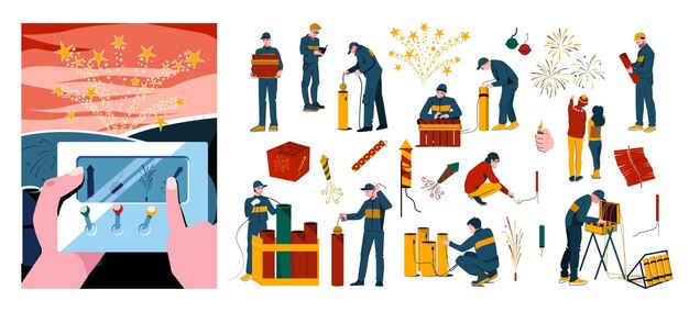 Los fuegos artificiales pirotécnicos lanzan una composición plana con hombres en uniformes, cajas de fusibles de ilustración vectorial de explosivos