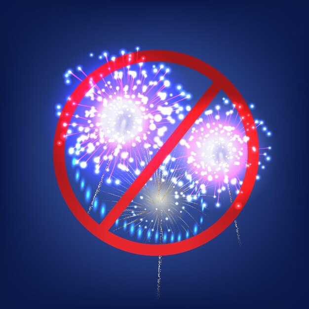 Fuegos artificiales prohibidos signo composición realista con vista de coloridos senderos de fuego y círculo rojo prohibición signo vector ilustración