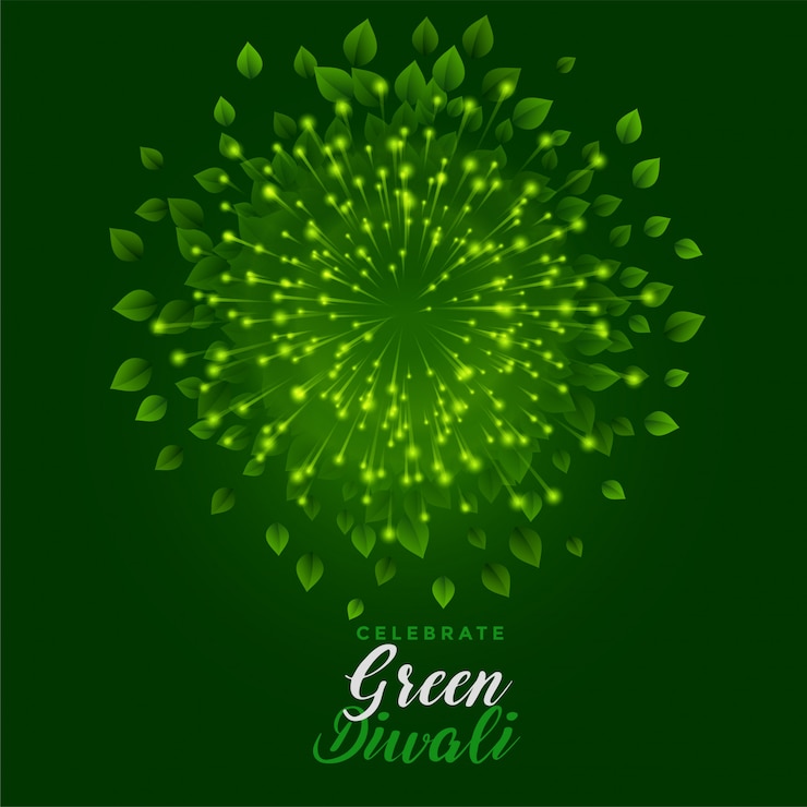 Vector gratuito fuegos artificiales verdes con hojas para la feliz celebración de diwali
