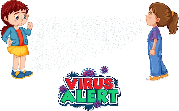 Vector gratuito fuente de alerta de virus en estilo de dibujos animados con una mirada de niña a su amiga estornudando aislada sobre fondo blanco