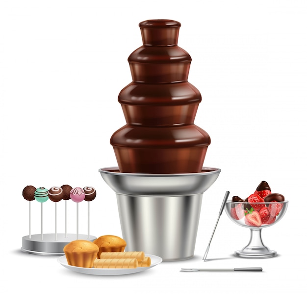 Vector gratuito fuente de chocolate composición realista
