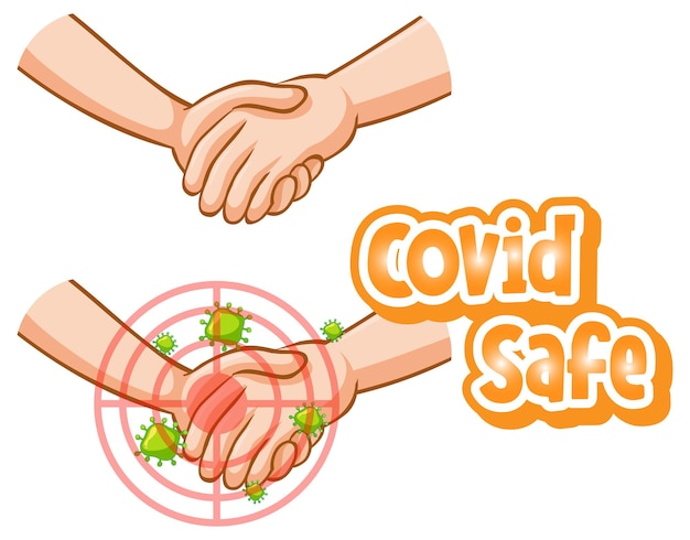 Fuente Covid Safe en estilo de dibujos animados con manos juntas aisladas