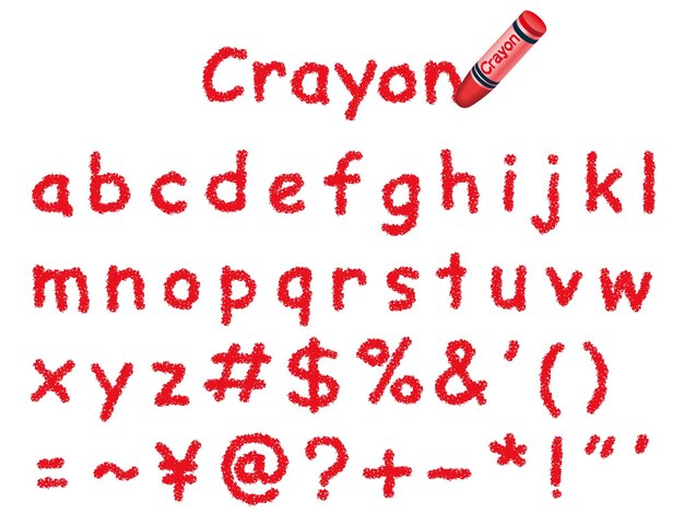 Fuente de crayón rojo vectorial aislada en un fondo blanco. Minúsculas Y Signos.