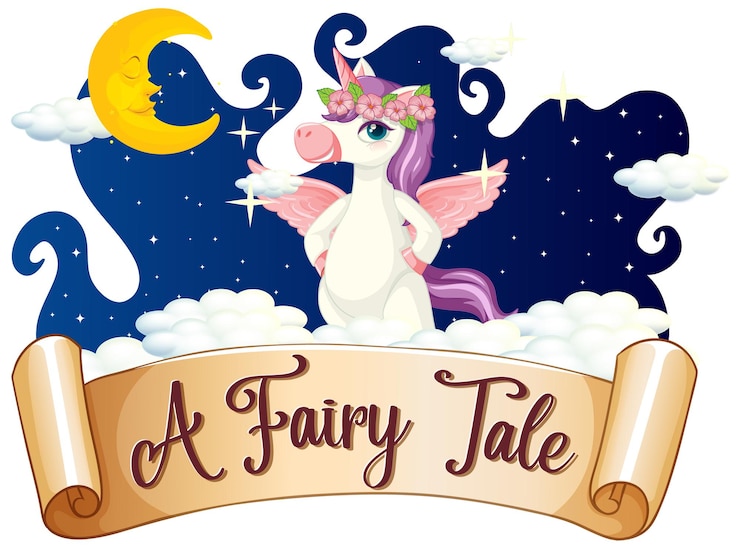 Vector gratuito una fuente de cuento de hadas con un personaje de dibujos animados de unicornio de pie sobre una nube