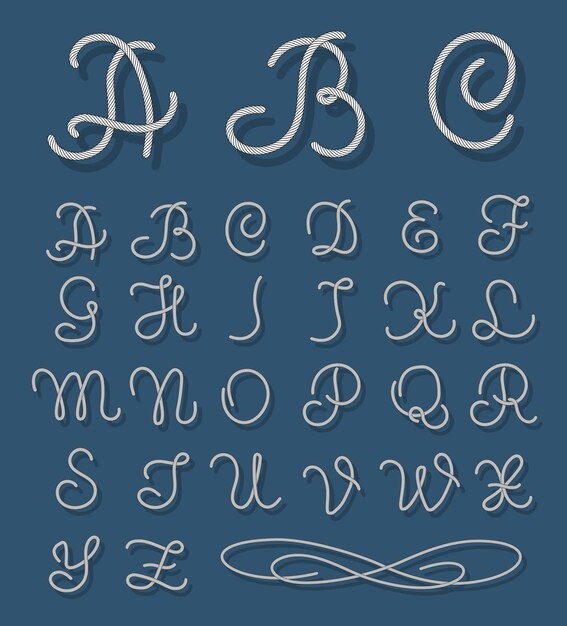 fuente de cuerda. Cuerdas del alfabeto náutico letras dibujadas a mano. Alfabeto tipográfico vintage, tipografía de cuerda y cadena.