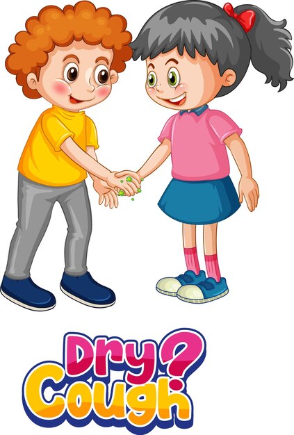 La fuente Dry Cough en estilo de dibujos animados con dos niños no mantiene la distancia social aislada en blanco