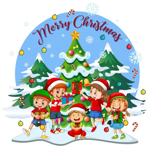 Fuente de feliz Navidad con niños disfrazados de Navidad